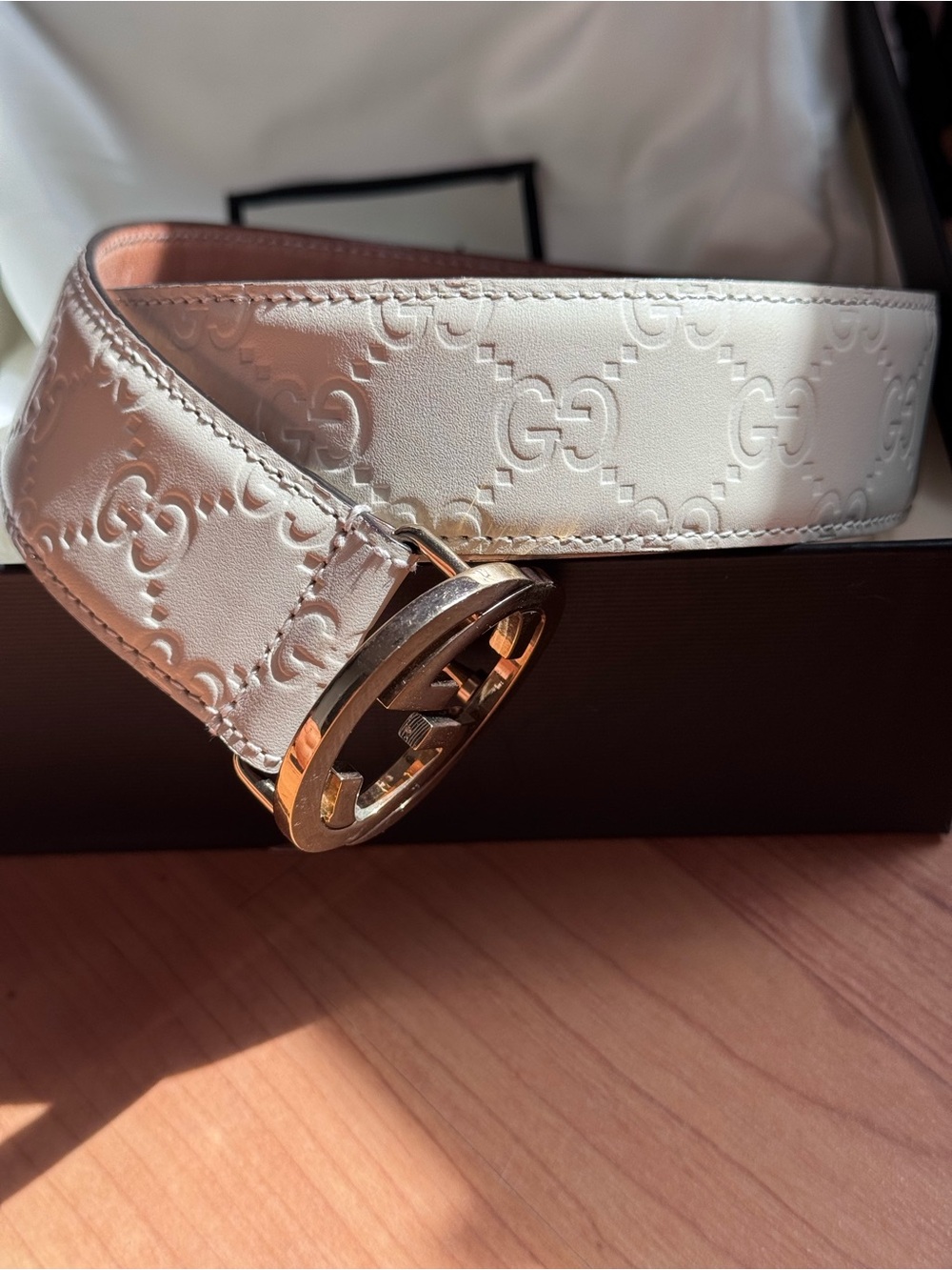 Gucci Cream Embossed GG Leather Belt with Gold Double G Buckle